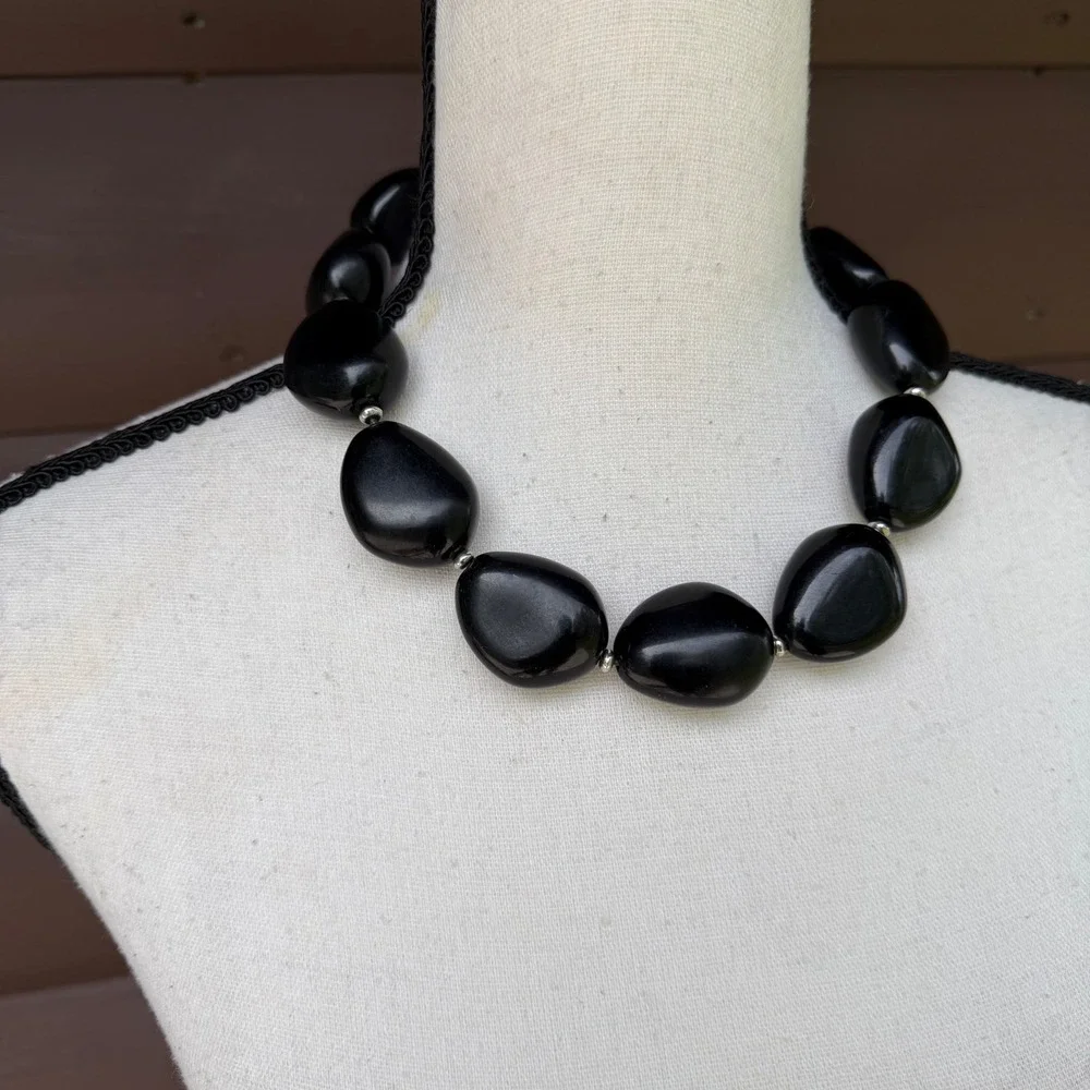 Chaps Chunky Bead Statement Necklace Women Black Organic Shape Toggle Closure